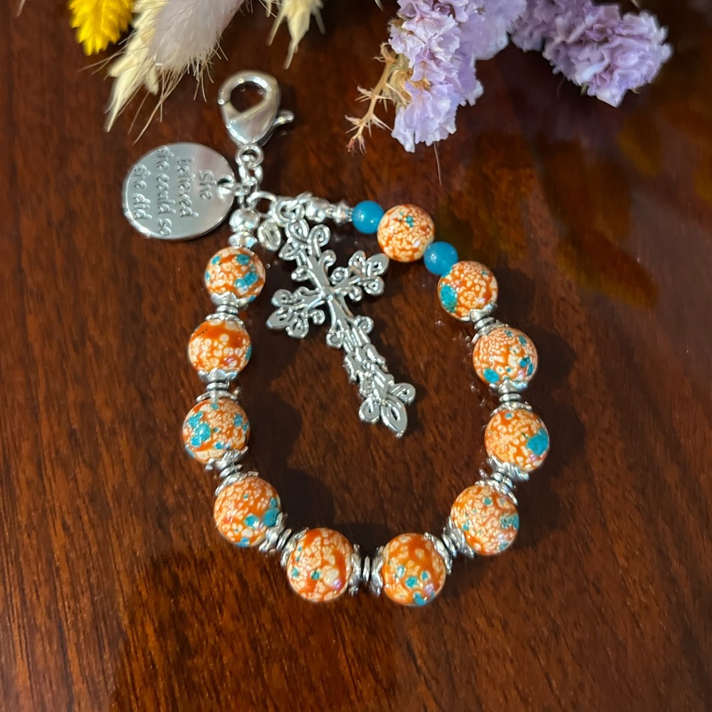 Colorful Jasper Beaded Handbag Accessory with Silver Cross & worded Charm